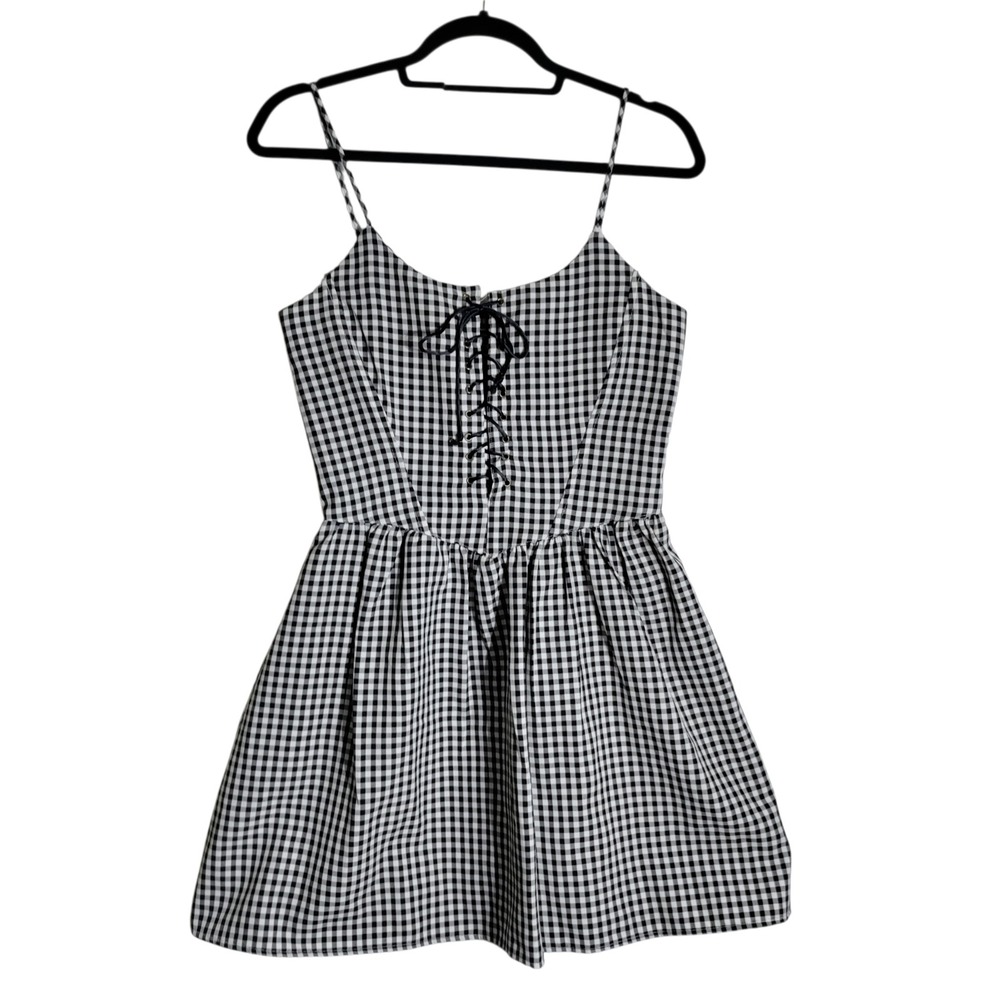 Breakin Loose Vintage Gingham Lace Up Mini Dress Black White Checkered Size 7/8